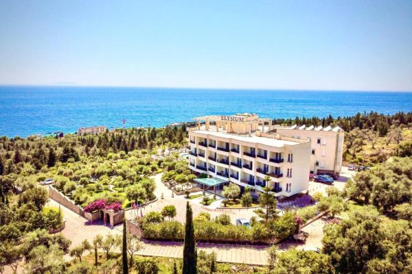 Elysium Hotel in Albania drone view of the hotel with the ocean on the background