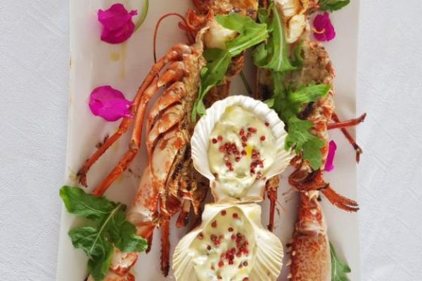 Hotel Ionian in Albania in the restaurant where you can eat amazing lobster served with a bit of arugula and a fine cream sauce