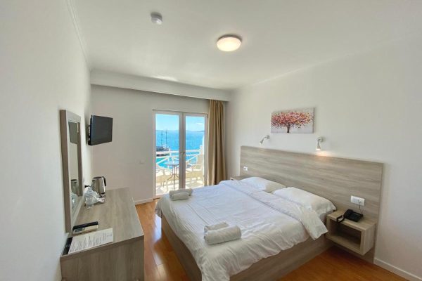 Sun n Blue Hotel in Sarande the masterbedroom with seaside view